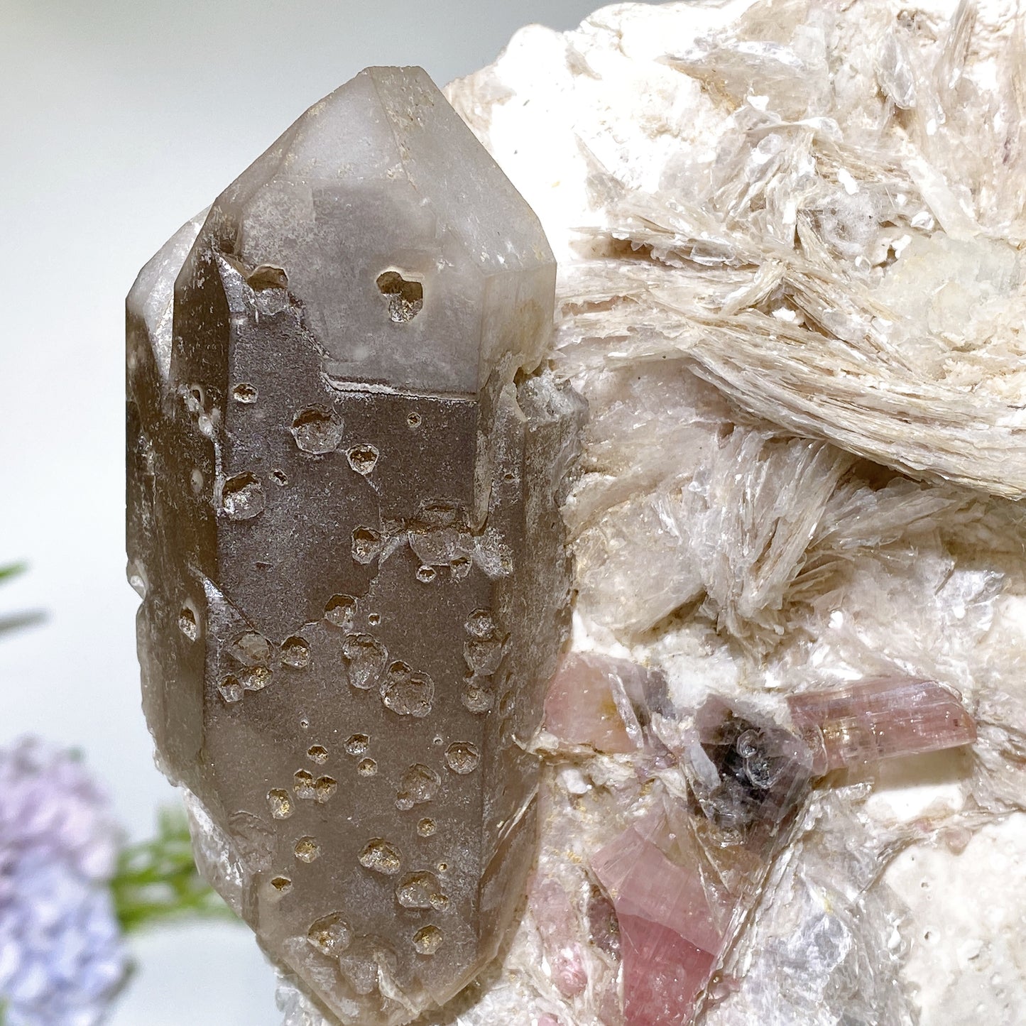 Unique Pink Tourmaline & Smoky Quartz with Mica Grow in Feldspar Specimen with Stand Crystal Healing