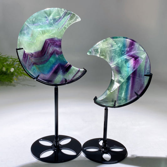 Unique Hand Carved Rainbow Fluorite Moon with Stand Crystal Healing Bulk Wholesale