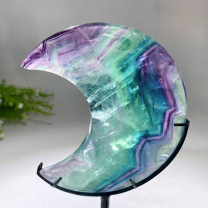 Unique Hand Carved Rainbow Fluorite Moon with Stand Crystal Healing Bulk Wholesale