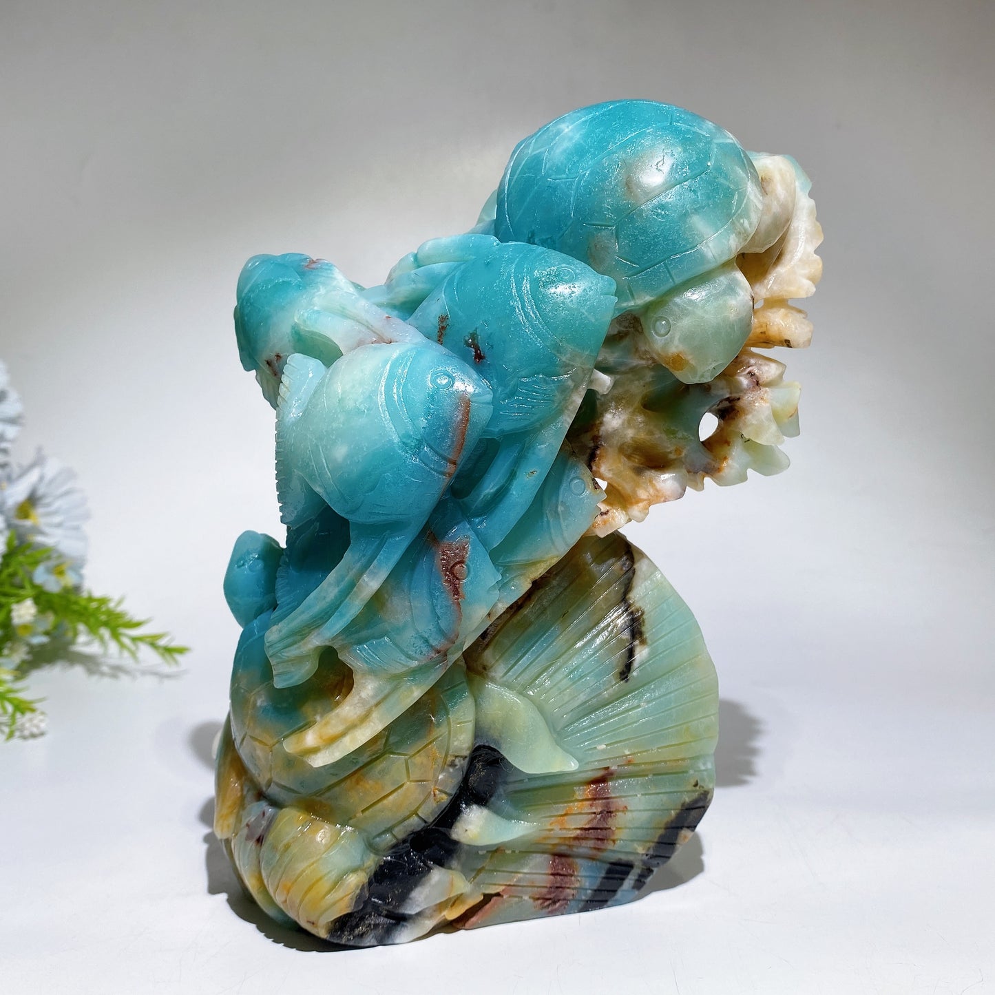 Hand Carved Unique Caribbean Calcite Ocean World Fish Turtle Coral Shell Carving Free Form Crystal Healing Bulk Wholesale