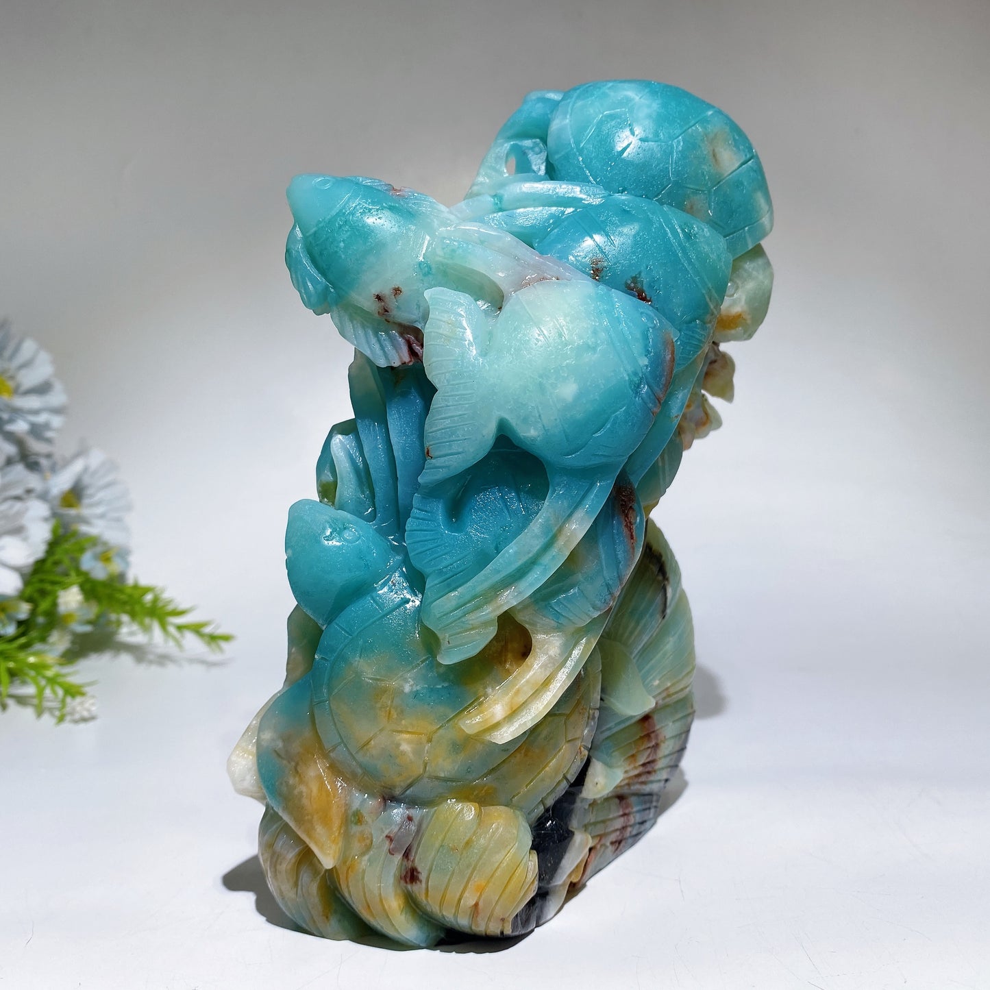 Hand Carved Unique Caribbean Calcite Ocean World Fish Turtle Coral Shell Carving Free Form Crystal Healing Bulk Wholesale