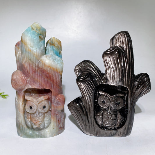 14-16cm Hand Carved Caribbean Calcite Silver Obsidian Owl Tree Hole Carving Free Form Crystal Healing Bulk Wholesale