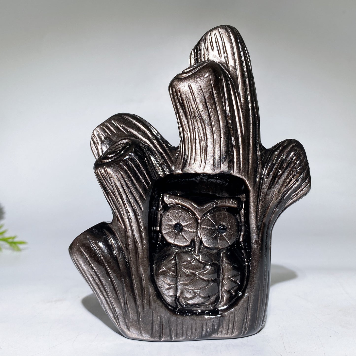 14-16cm Hand Carved Caribbean Calcite Silver Obsidian Owl Tree Hole Carving Free Form Crystal Healing Bulk Wholesale