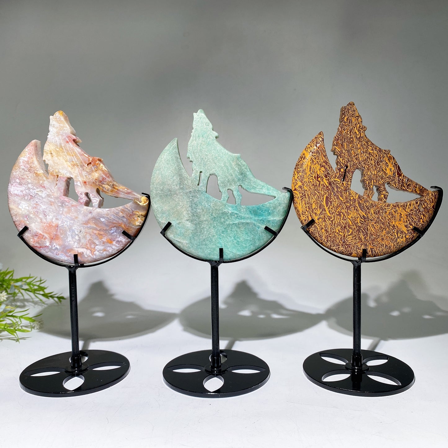 Crystal Wolf on Moon Carving with Stand Free Form Crystal Healing Bulk Wholesale