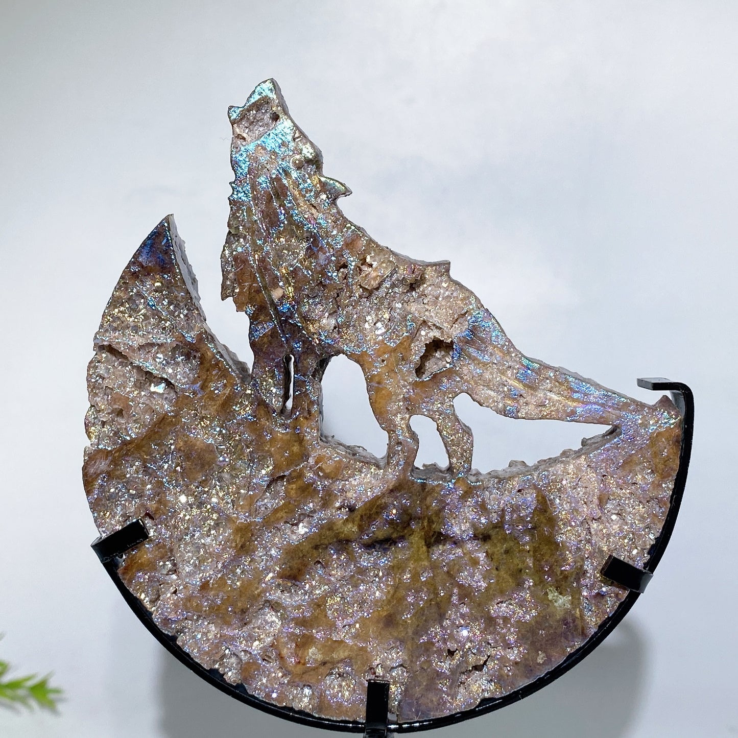Crystal Wolf on Moon Carving with Stand Free Form Crystal Healing Bulk Wholesale