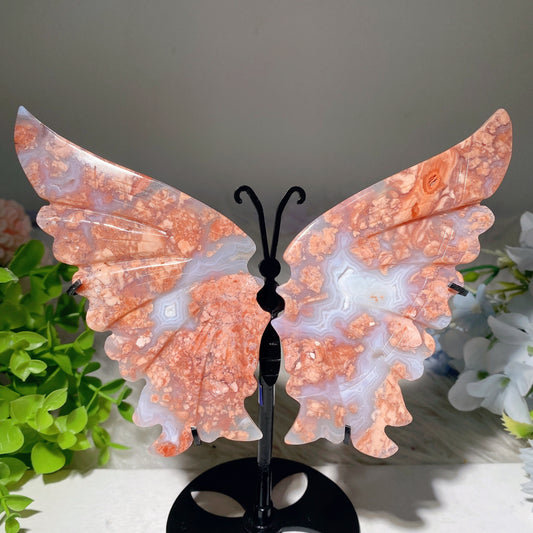 Pink Flower Agate Butterfly Unicorn Wings Carvings with Stand Bulk Wholesale