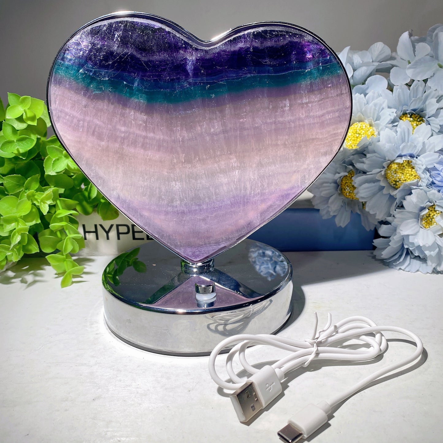 Moss Agate Fluorite Heart Moon Shape Lamp with USB Free Form Bulk Wholesale