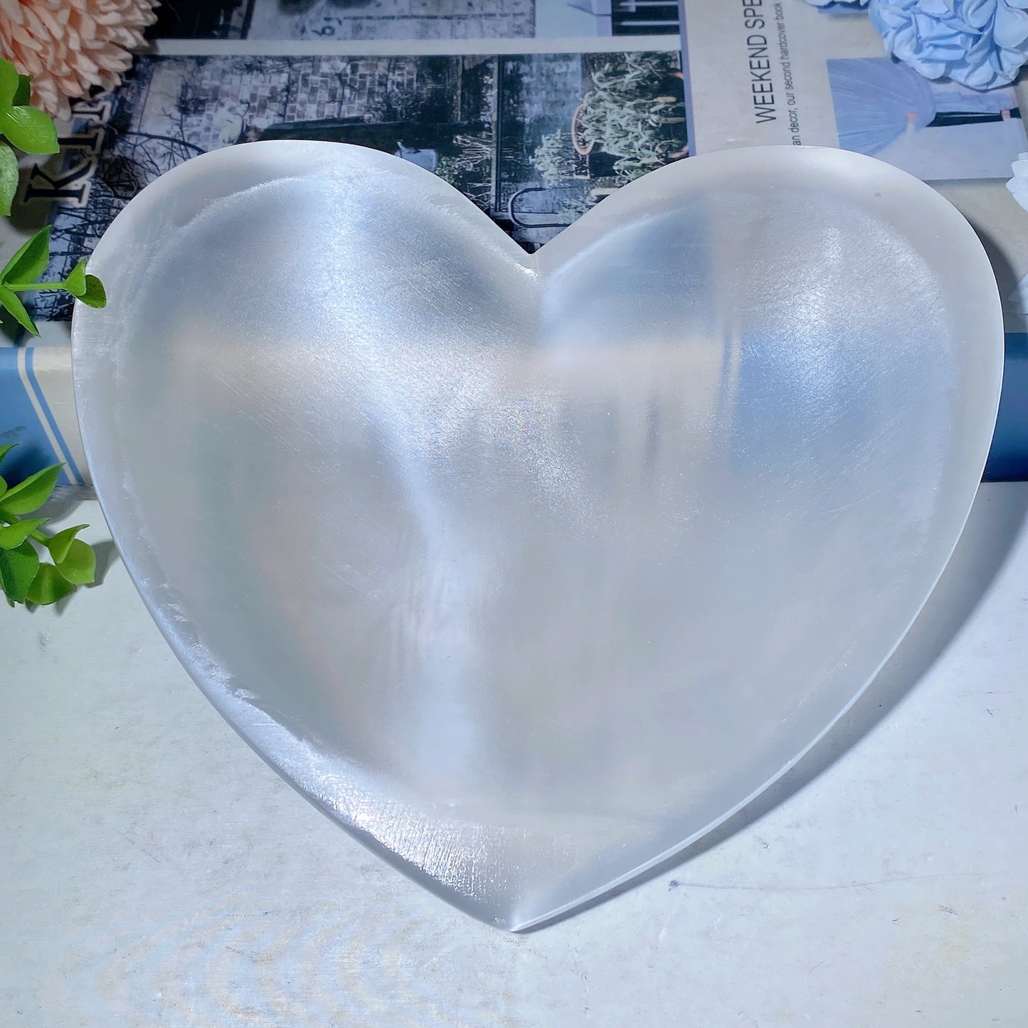 6.2" Selenite Heart Bowl Triple Bowl Carvings Crystal Healing Bulk Wholesale