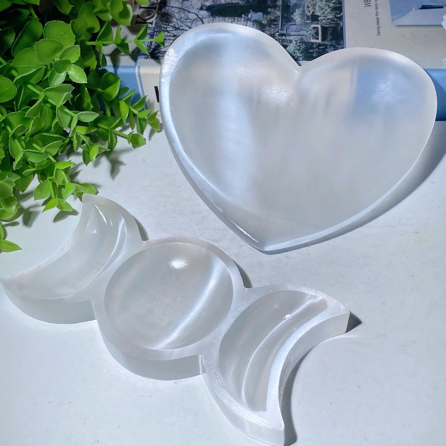 6.2" Selenite Heart Bowl Triple Bowl Carvings Crystal Healing Bulk Wholesale