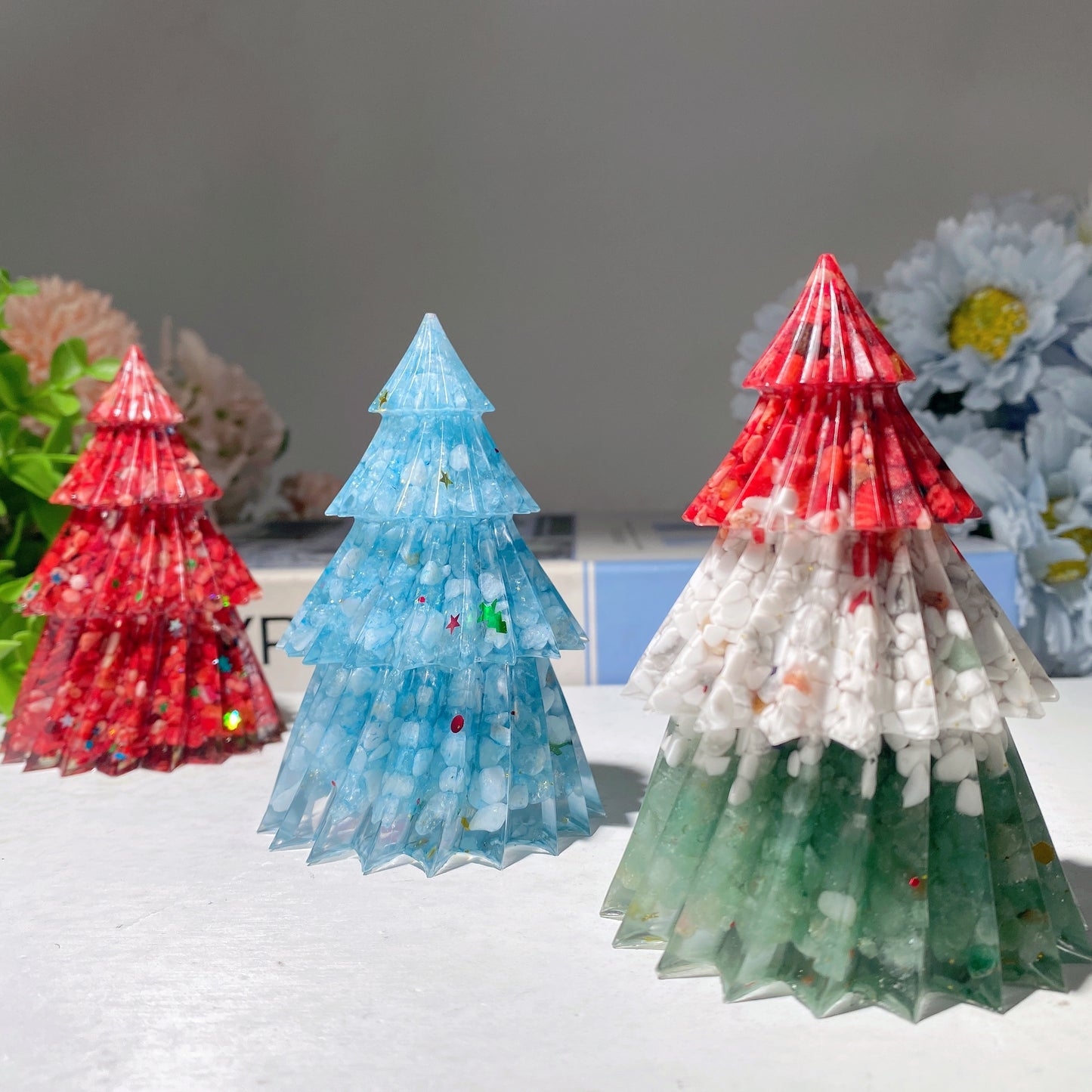 3.5" Mixed Crystal Chips Resin Christmas Tree Carvings Bulk Wholesale