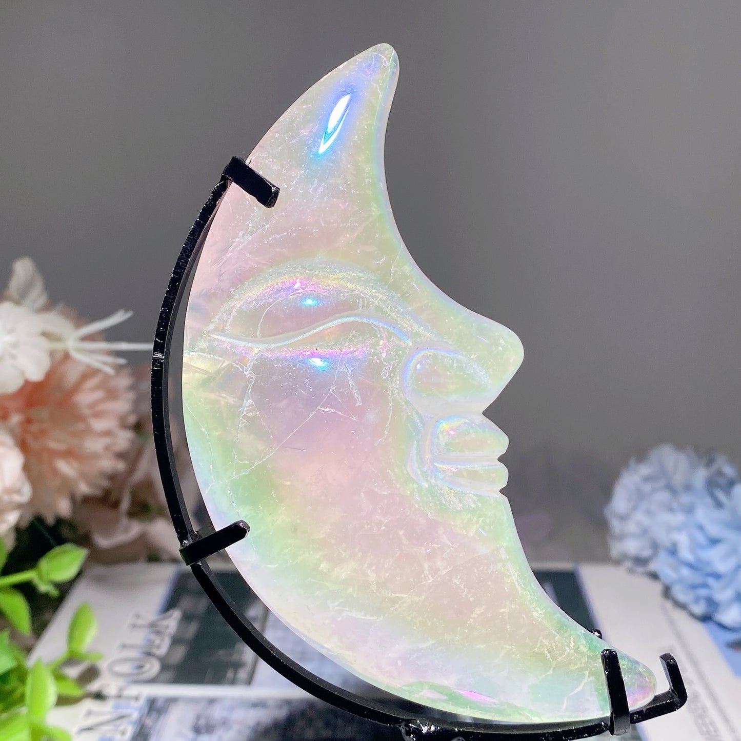 Mixed Crystal Moon Face Carvings with Stand Free Form Bulk Wholesale