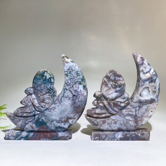 15cm Moss Agate Fairy on Moon Carving Crystal Healing Bulk Wholesale