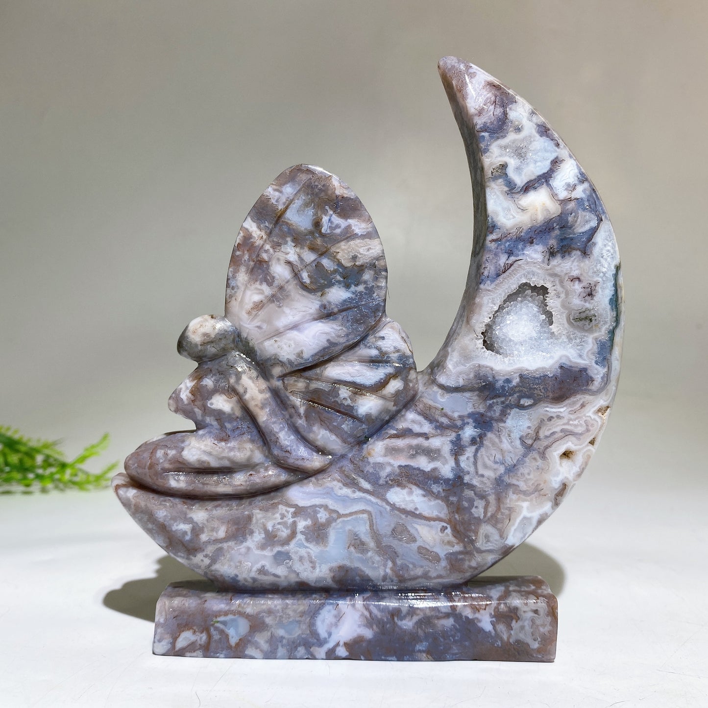 15cm Moss Agate Fairy on Moon Carving Crystal Healing Bulk Wholesale