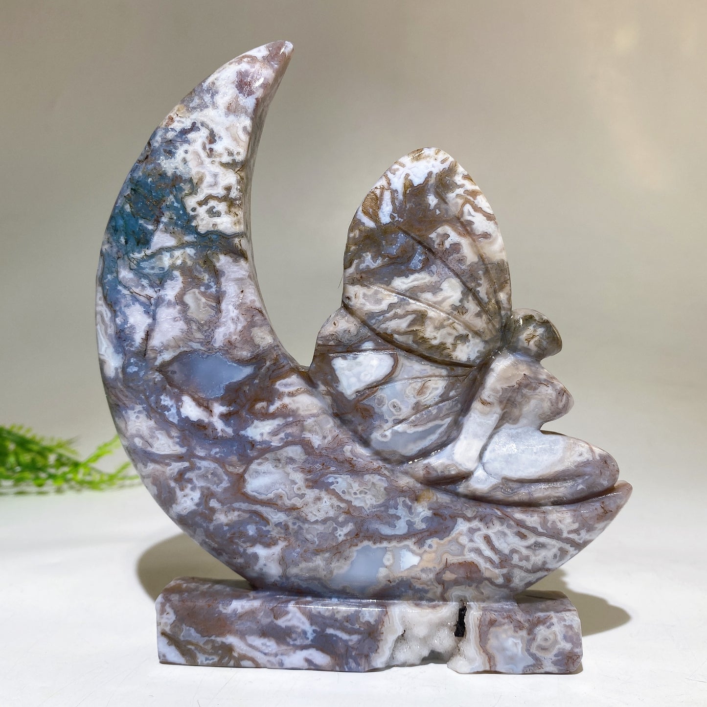 15cm Moss Agate Fairy on Moon Carving Crystal Healing Bulk Wholesale