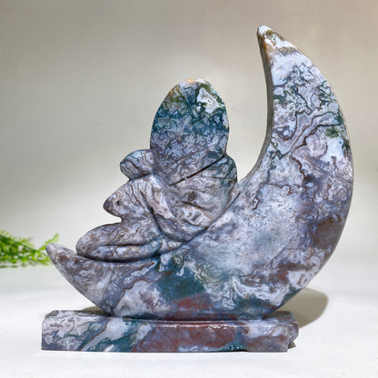 15cm Moss Agate Fairy on Moon Carving Crystal Healing Bulk Wholesale