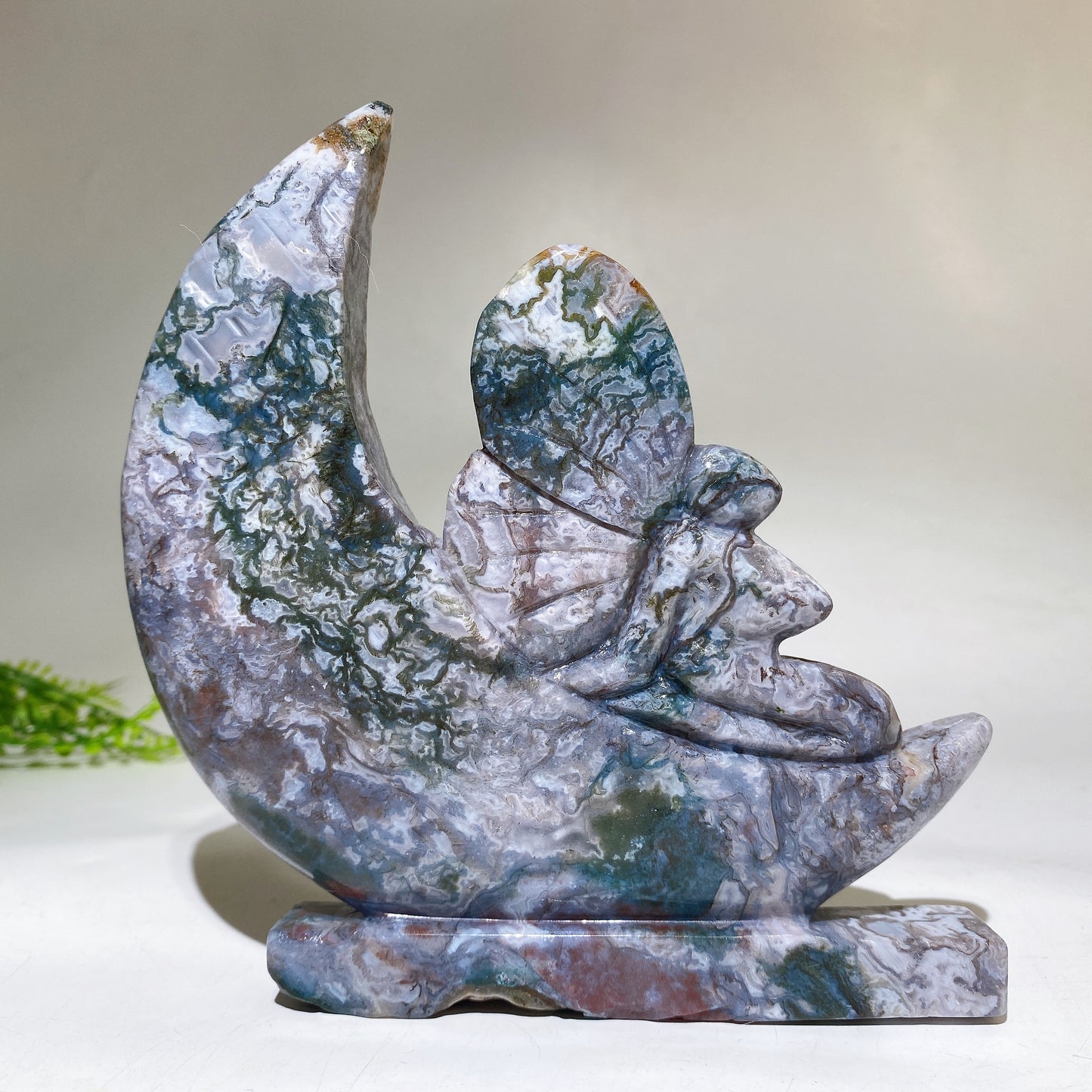 15cm Moss Agate Fairy on Moon Carving Crystal Healing Bulk Wholesale