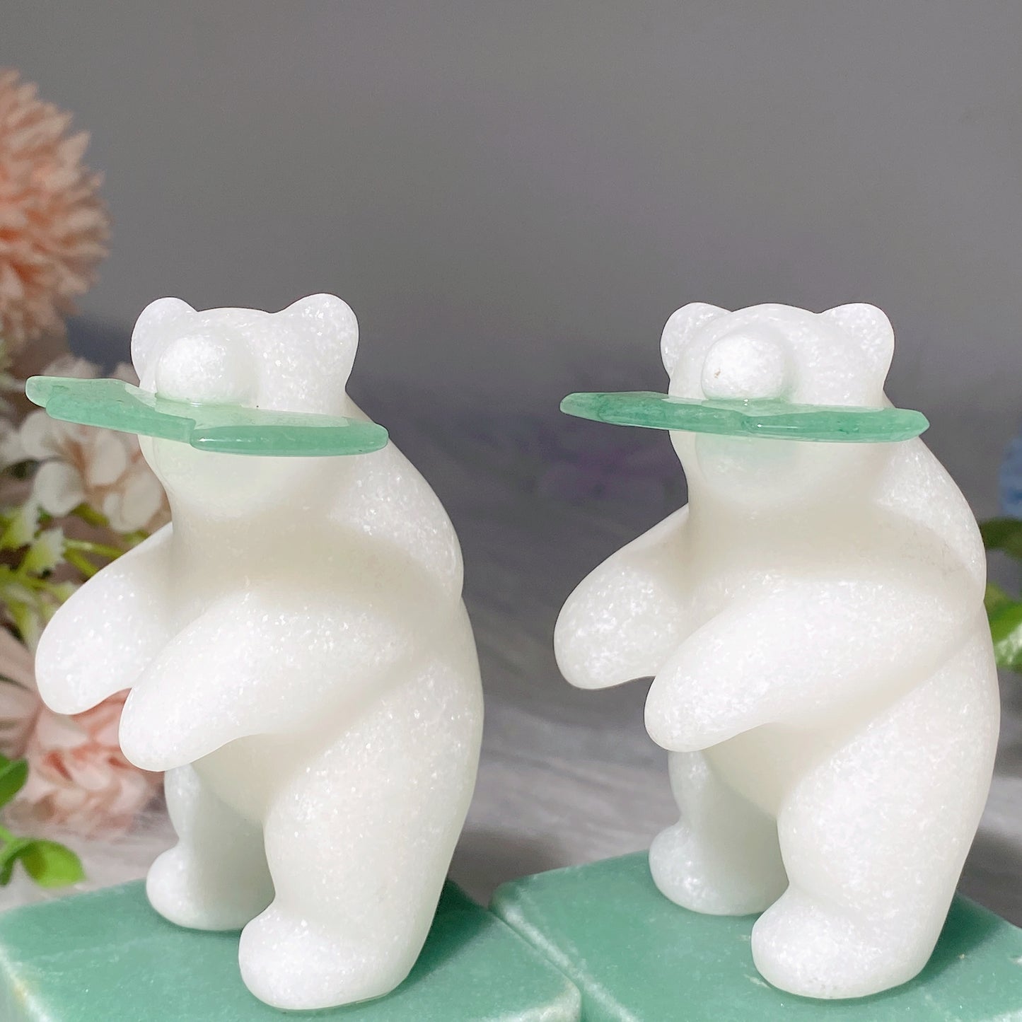 4.4" White Jade Polar Bear with Green Aventurine Base Carvings Bulk Wholesale