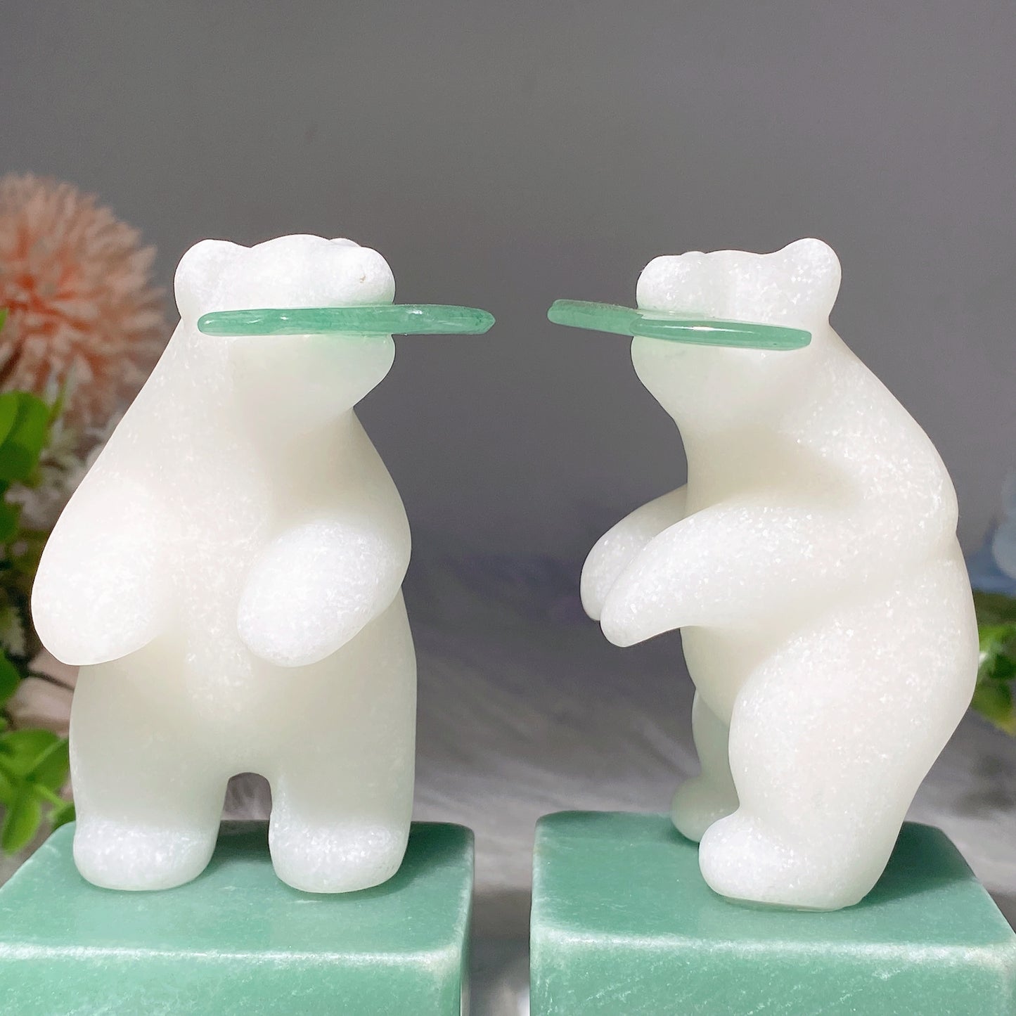 4.4" White Jade Polar Bear with Green Aventurine Base Carvings Bulk Wholesale
