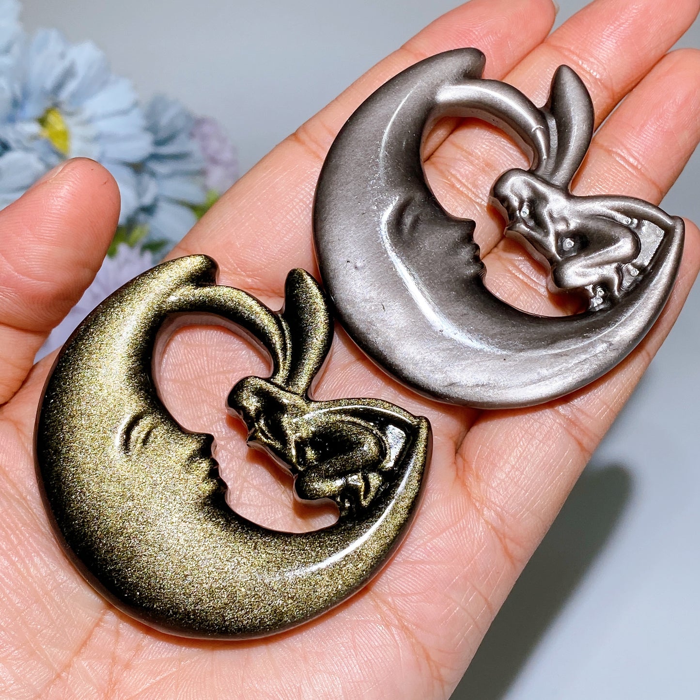 2.2"-2.3" Golden Obsidian Silver Obsidian Moon Fairy Carving Crystal Healing Bulk Wholesale