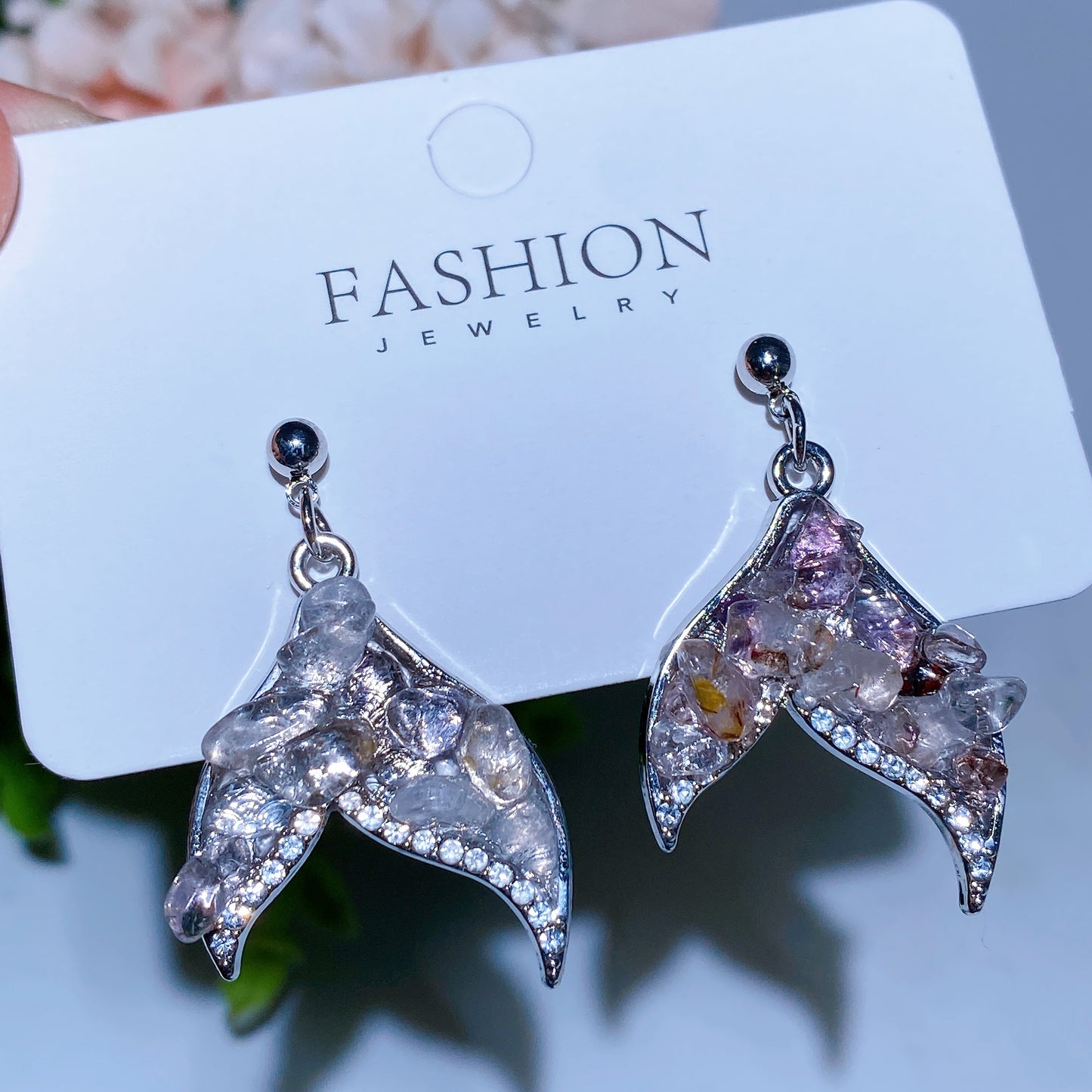 Alloy Metal Crystal Chips Fish Tail Design Earrings Crystal Healing Bulk Wholesale