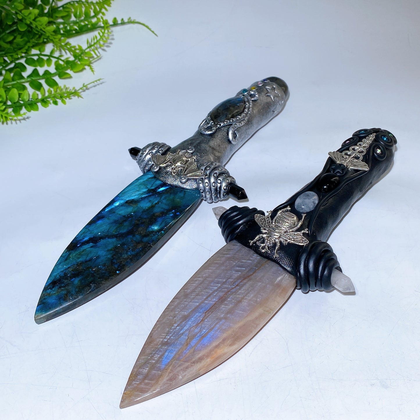 Natrual Moonstone Labradorite Sword Carving with Resin Handle Crystal Healing Bulk Wholesale