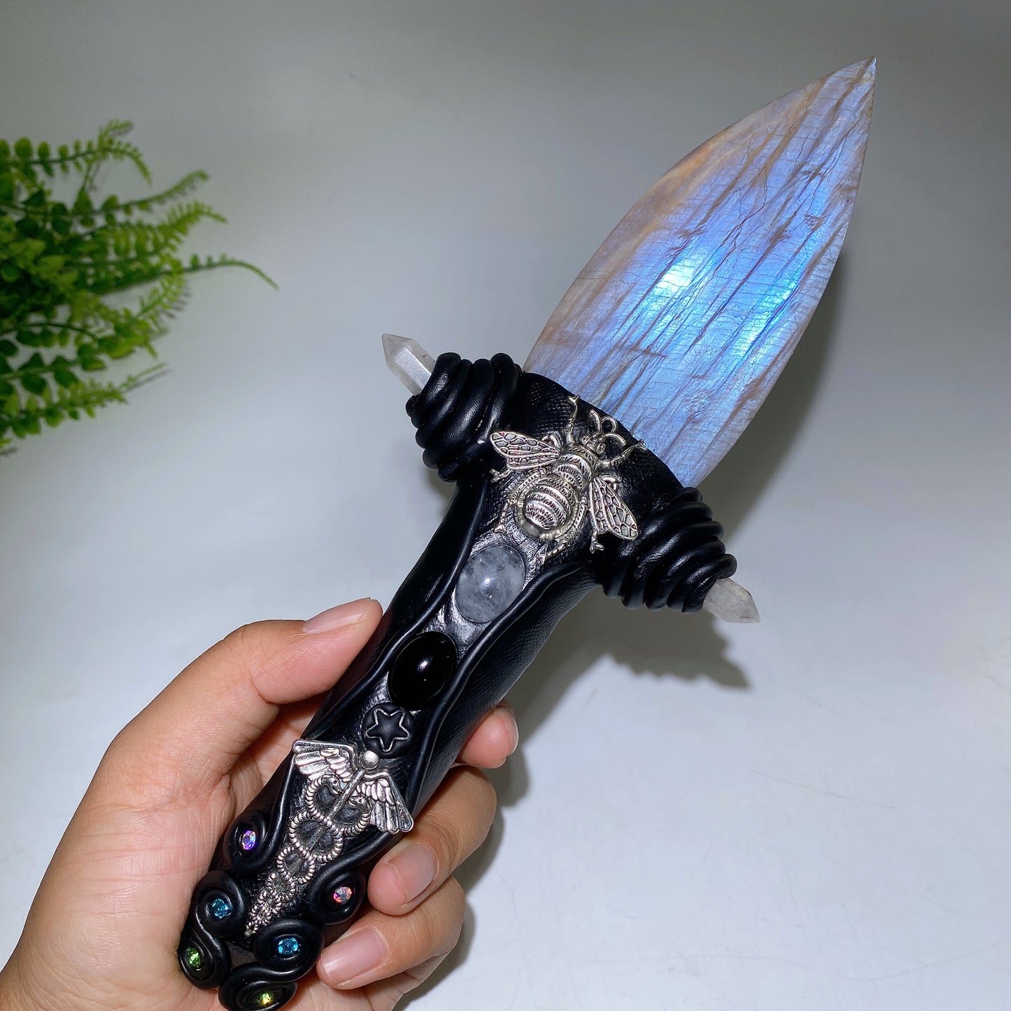 Natrual Moonstone Labradorite Sword Carving with Resin Handle Crystal Healing Bulk Wholesale