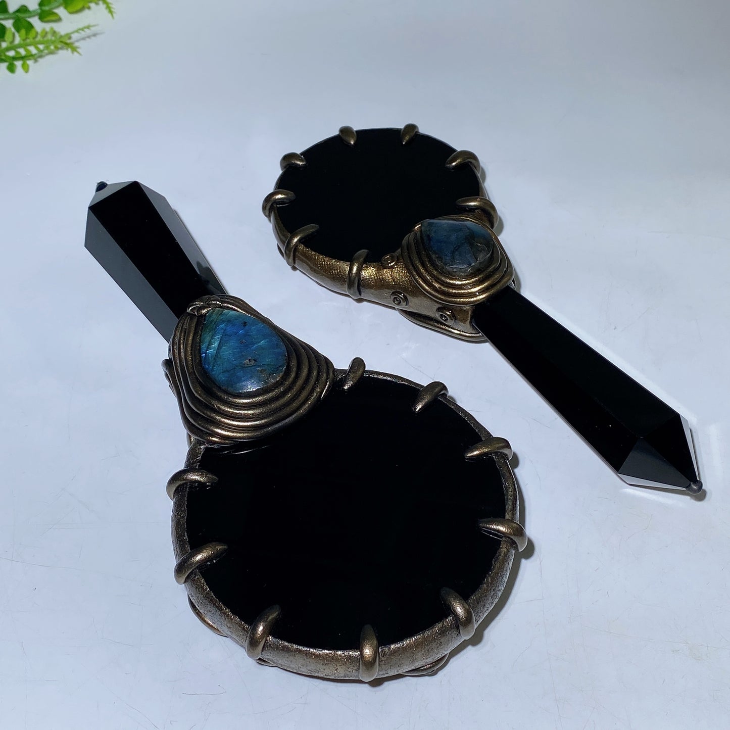 Natrual Black Obsidian Mirror wtih Point Handle Labradorite Decor Crystal Healing Bulk Wholesale