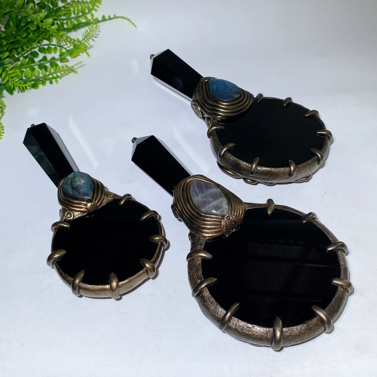 Natrual Black Obsidian Mirror wtih Point Handle Labradorite Decor Crystal Healing Bulk Wholesale