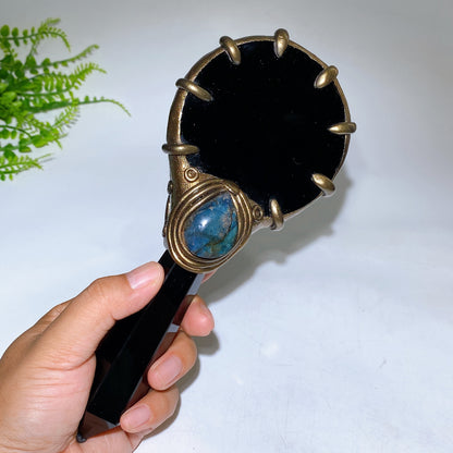 Natrual Black Obsidian Mirror wtih Point Handle Labradorite Decor Crystal Healing Bulk Wholesale