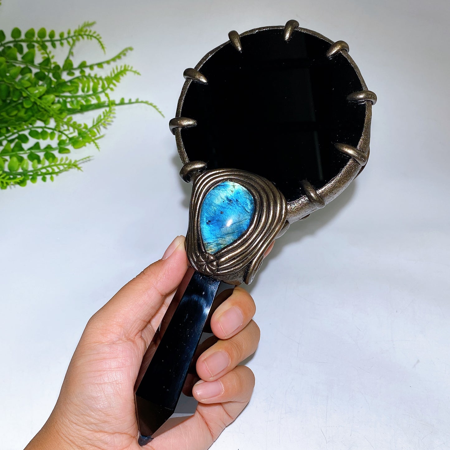 Natrual Black Obsidian Mirror wtih Point Handle Labradorite Decor Crystal Healing Bulk Wholesale