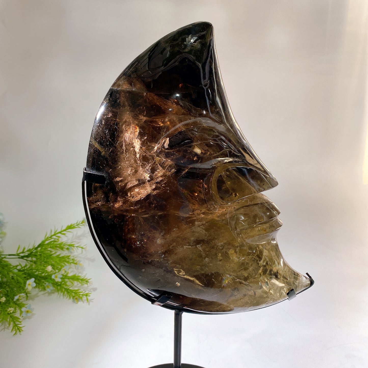 Large Unique Hand Carved Natural Smoky Quartz Moon Face with Strong Rainbow with Stand Crystal Healing Bulk Wholesale
