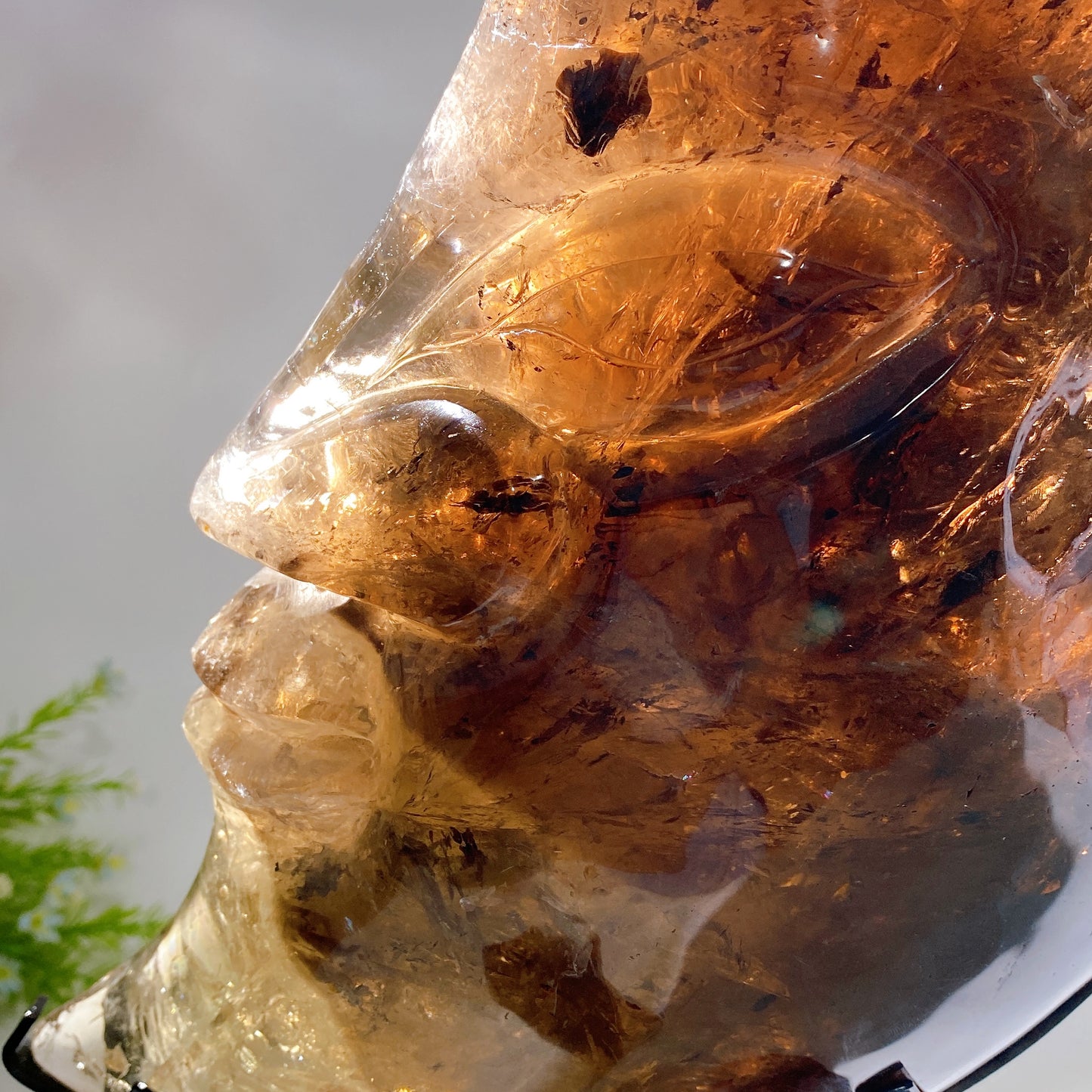 Large Unique Hand Carved Natural Smoky Quartz Moon Face with Strong Rainbow with Stand Crystal Healing Bulk Wholesale