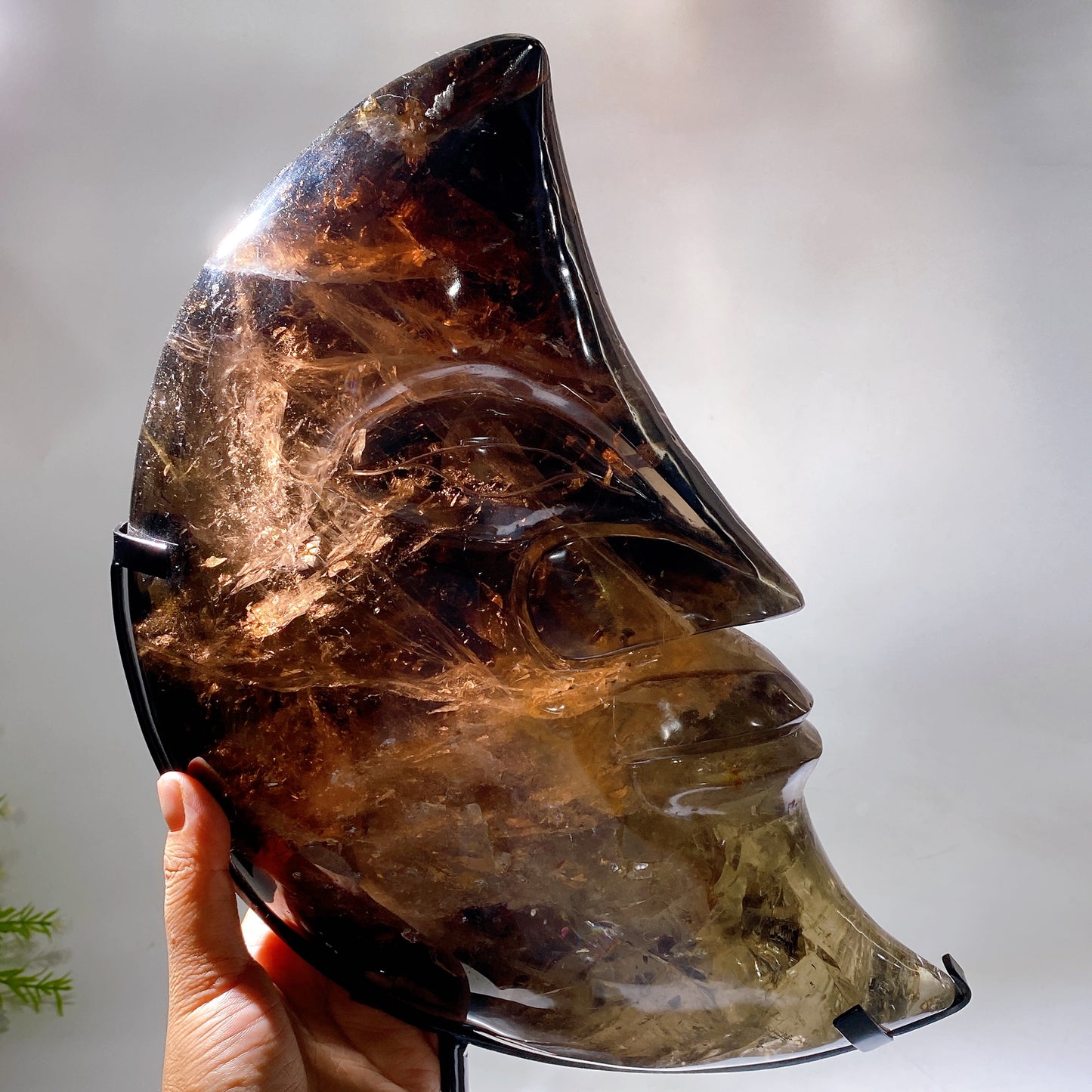 Large Unique Hand Carved Natural Smoky Quartz Moon Face with Strong Rainbow with Stand Crystal Healing Bulk Wholesale