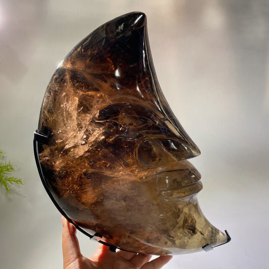 Large Unique Hand Carved Natural Smoky Quartz Moon Face with Strong Rainbow with Stand Crystal Healing Bulk Wholesale