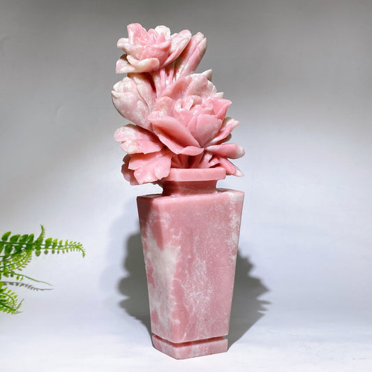 Hand Carved Unique Natural Pink Opal Peony Vase Free Form Crystal Healing Bulk Wholesale