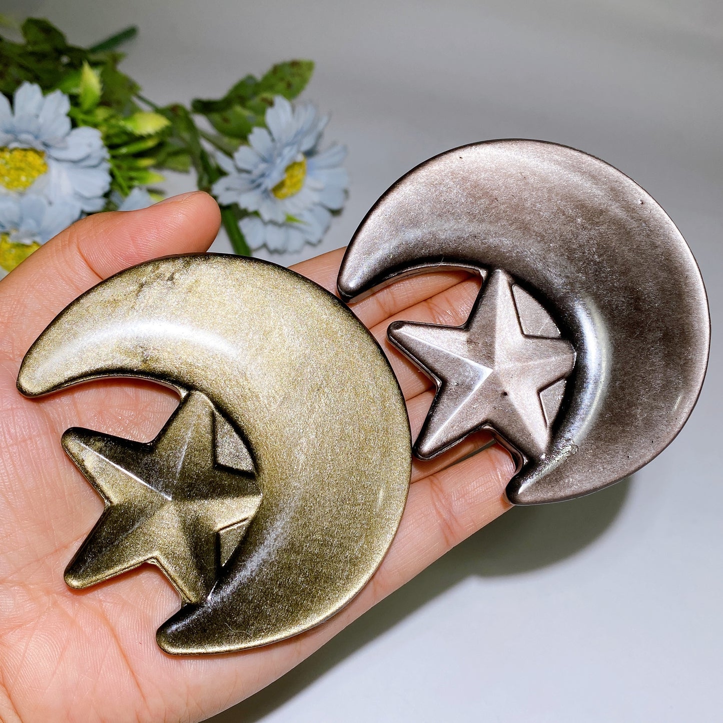 3.3" Golden Obsidian  Silver Obsidian Moon & Star Carving Crystal Healing Bulk Wholesale