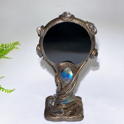 23cm Natural Black Obsidian Magic Mirror with Resin Handle Crystal Healing Bulk Wholesale