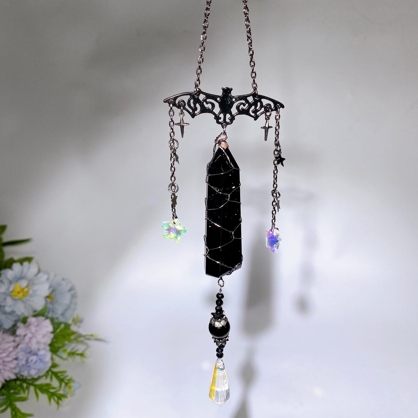 Black Obsidian Point Raw Malachite Suncatcher with Metal Bat Decor Crystal Healing Bulk Wholesale