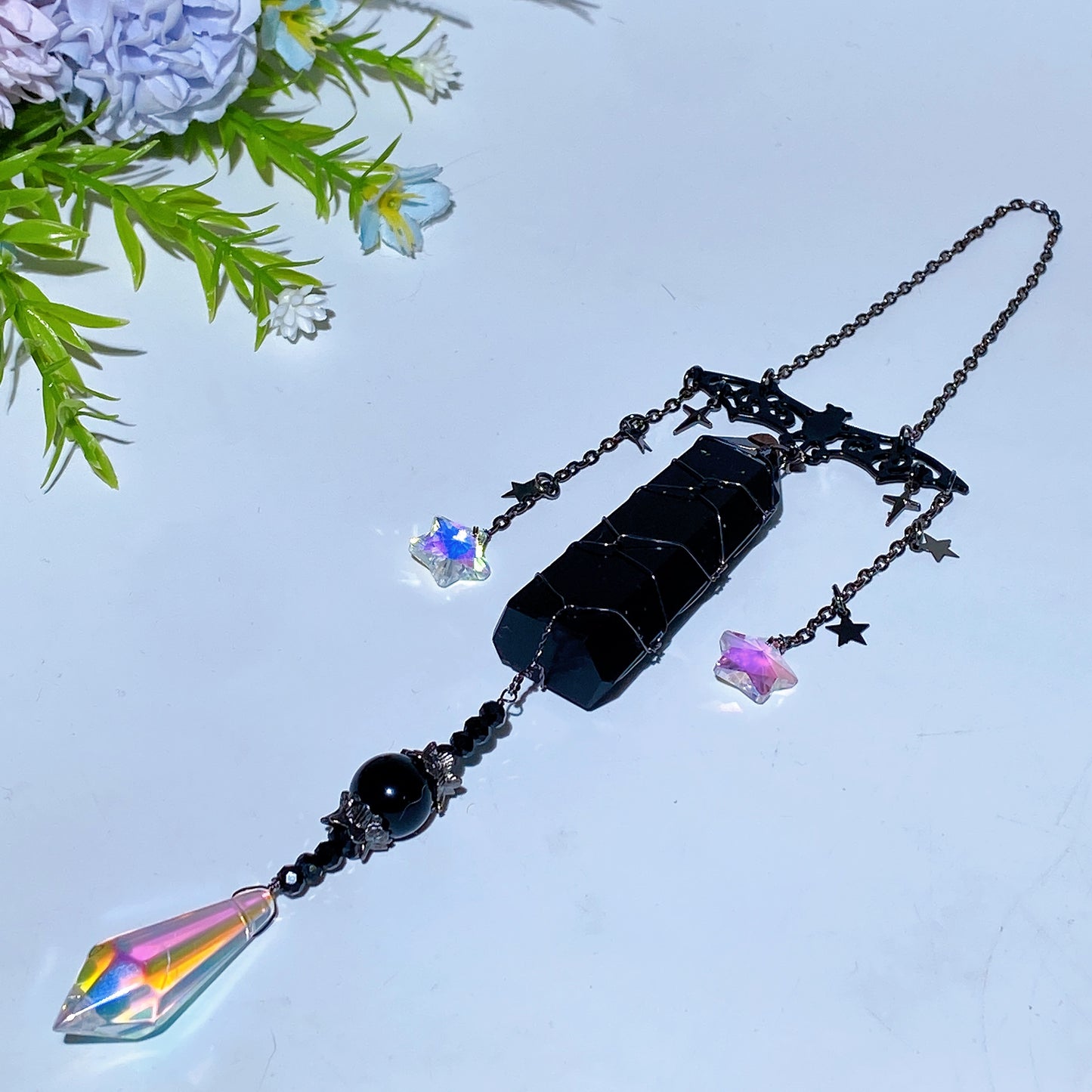 Black Obsidian Point Raw Malachite Suncatcher with Metal Bat Decor Crystal Healing Bulk Wholesale