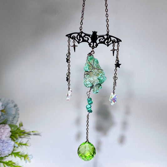Black Obsidian Point Raw Malachite Suncatcher with Metal Bat Decor Crystal Healing Bulk Wholesale