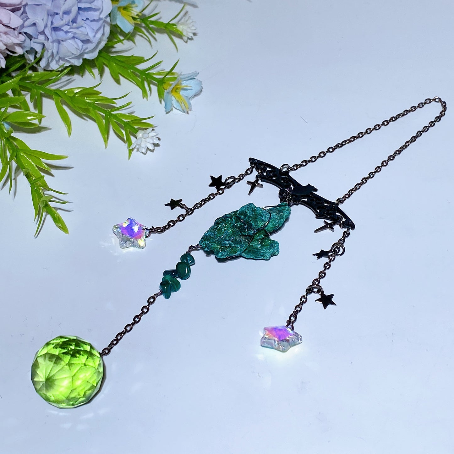 Black Obsidian Point Raw Malachite Suncatcher with Metal Bat Decor Crystal Healing Bulk Wholesale