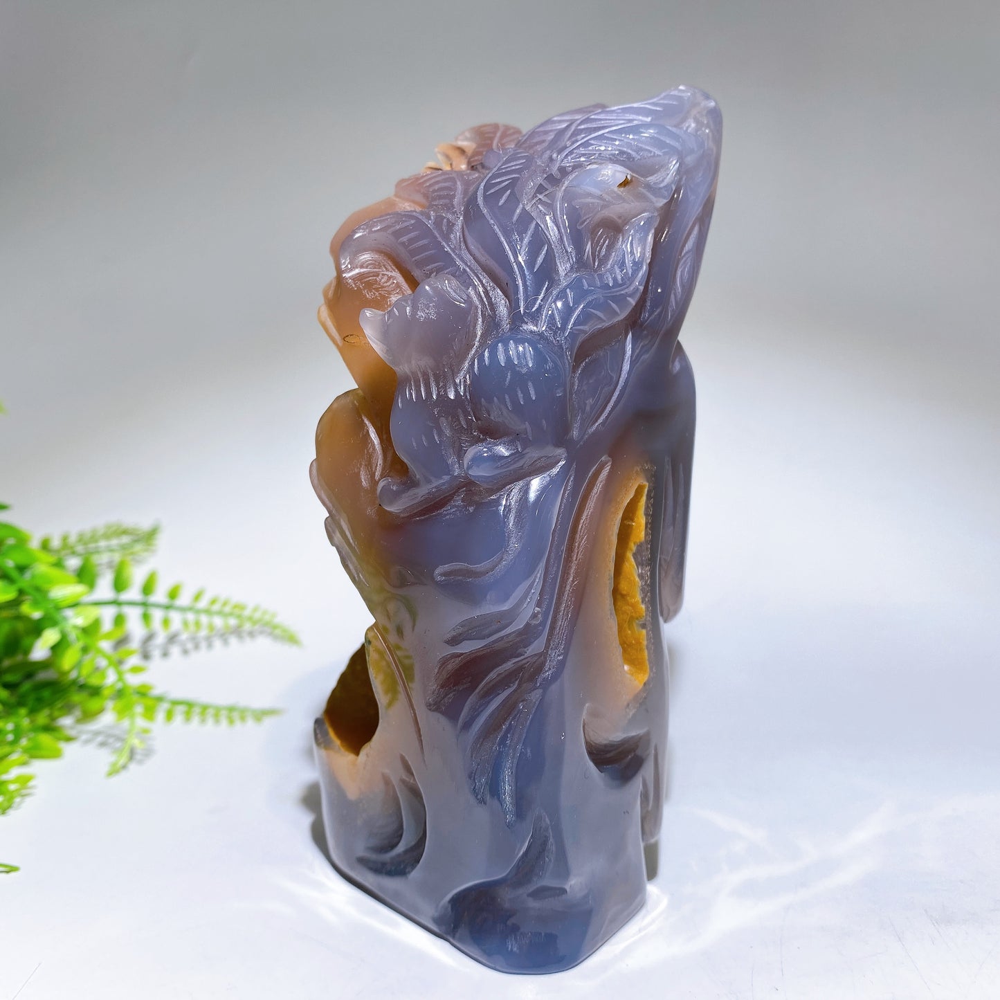 Unique Natural Agate Geode with Nine-tails Fox Carving Free Form Crystal Healing Bulk Wholesale