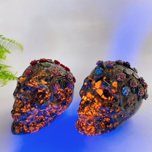 3.4"-3.8" Yooperlite Black Obsidian Skull with Rose Flower Decor Carving Crystal Healing Bulk Wholesale