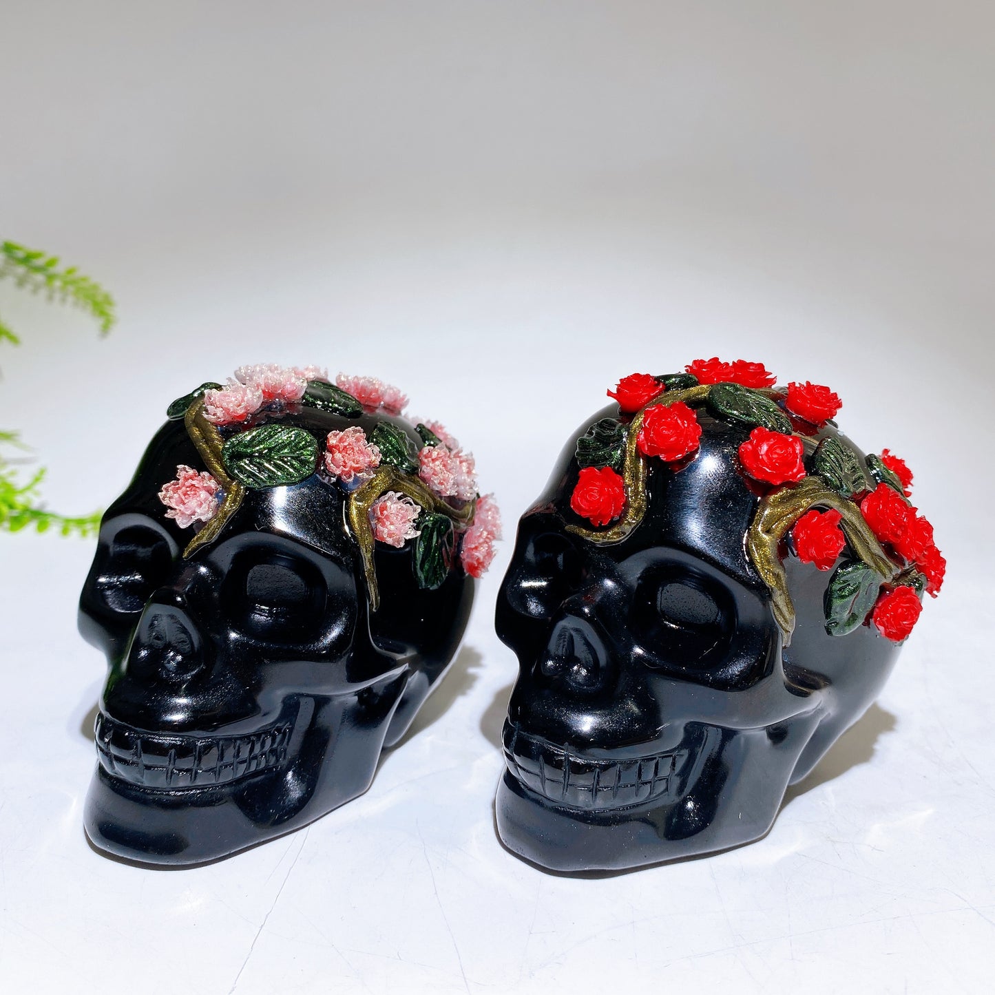3.4"-3.8" Yooperlite Black Obsidian Skull with Rose Flower Decor Carving Crystal Healing Bulk Wholesale