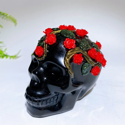 3.4"-3.8" Yooperlite Black Obsidian Skull with Rose Flower Decor Carving Crystal Healing Bulk Wholesale