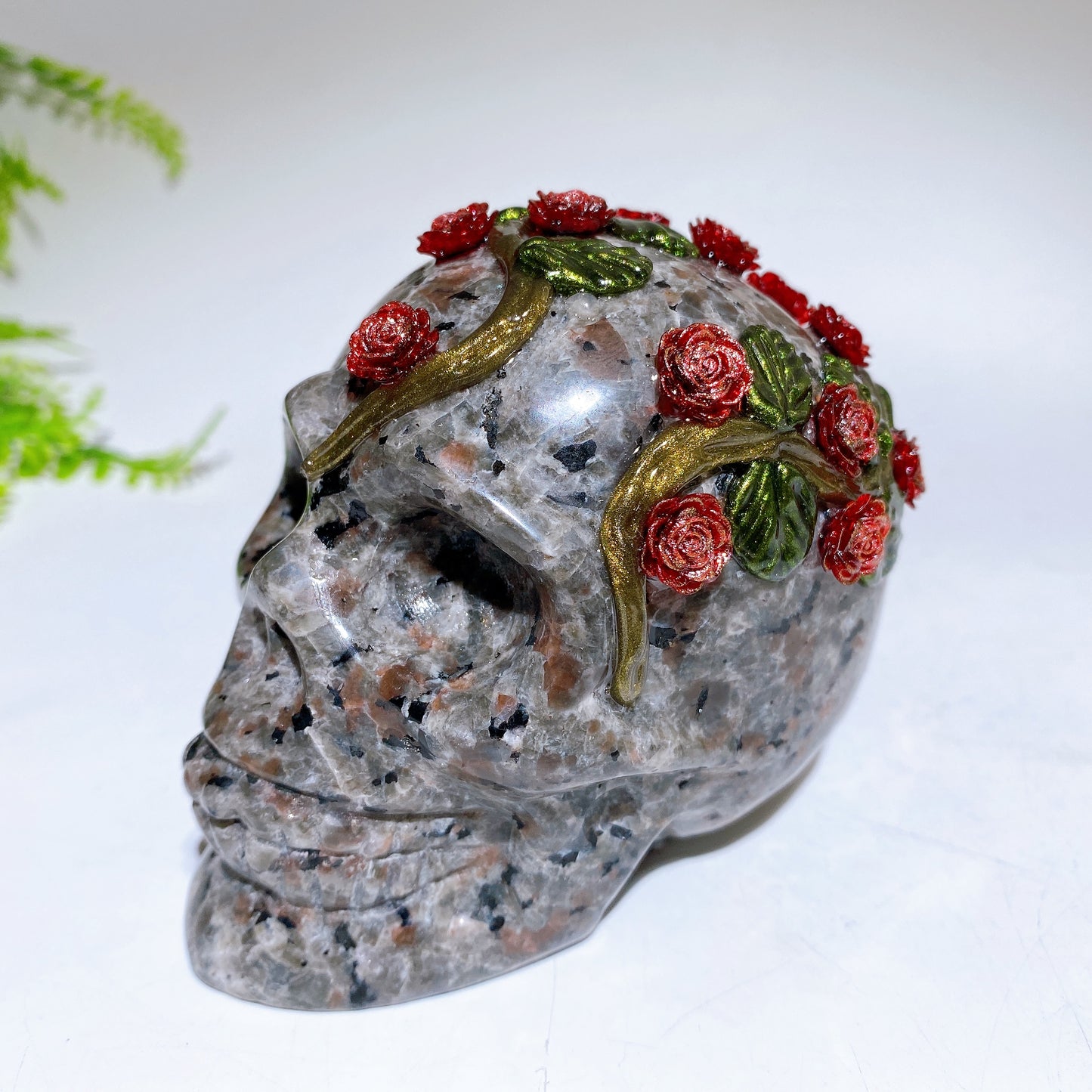 3.4"-3.8" Yooperlite Black Obsidian Skull with Rose Flower Decor Carving Crystal Healing Bulk Wholesale