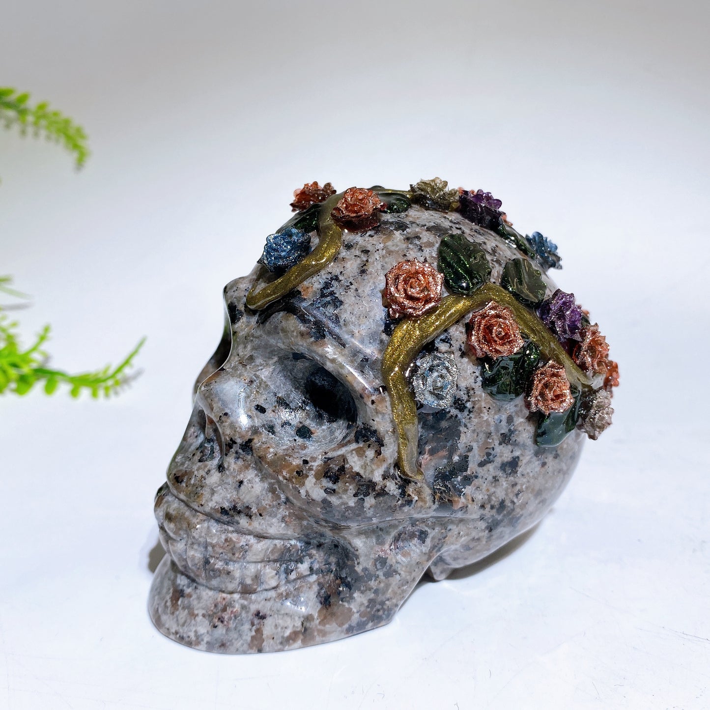 3.4"-3.8" Yooperlite Black Obsidian Skull with Rose Flower Decor Carving Crystal Healing Bulk Wholesale