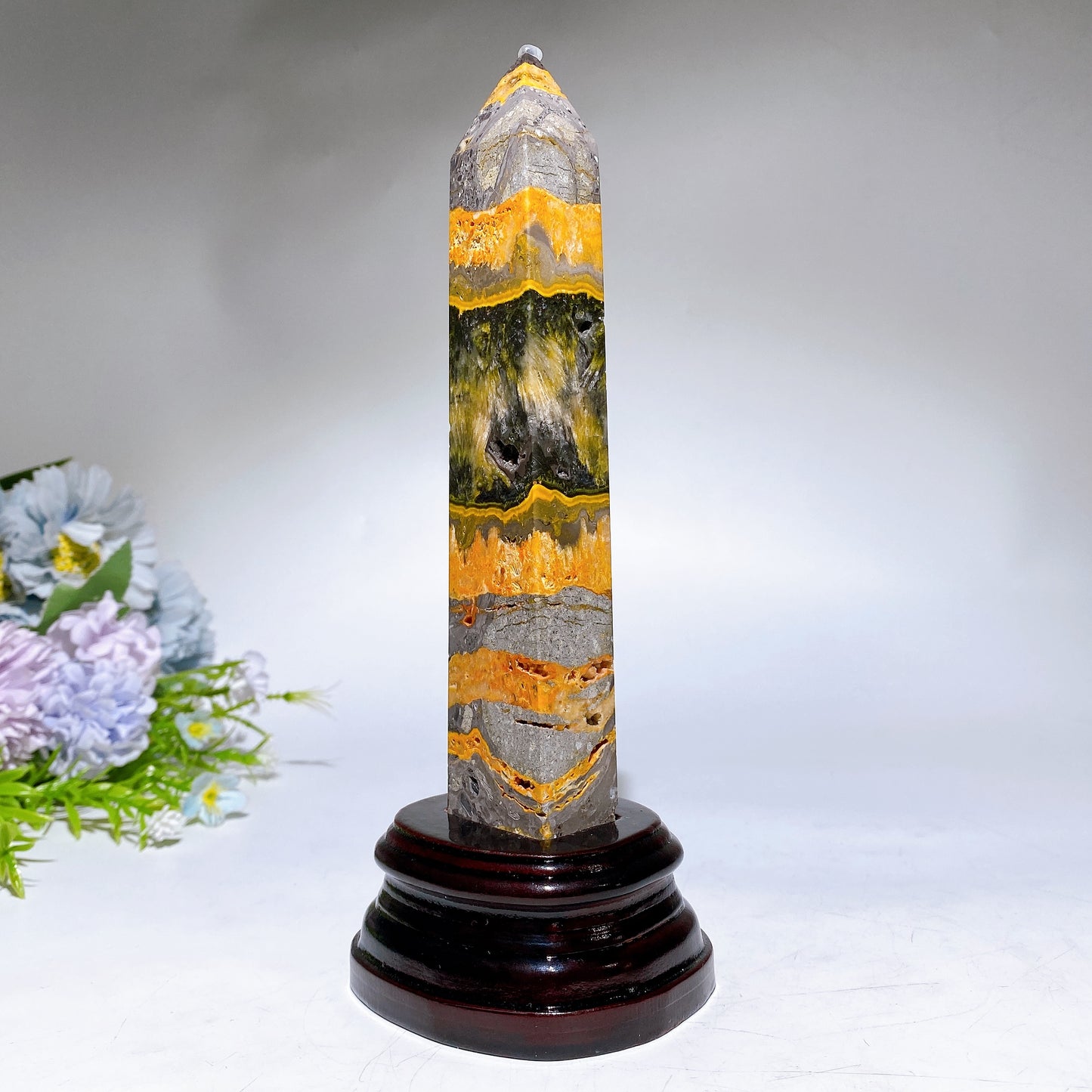 21cm Bumblebee Jasper Tower with Wooden Stand Crystal Healing Bulk Wholesale