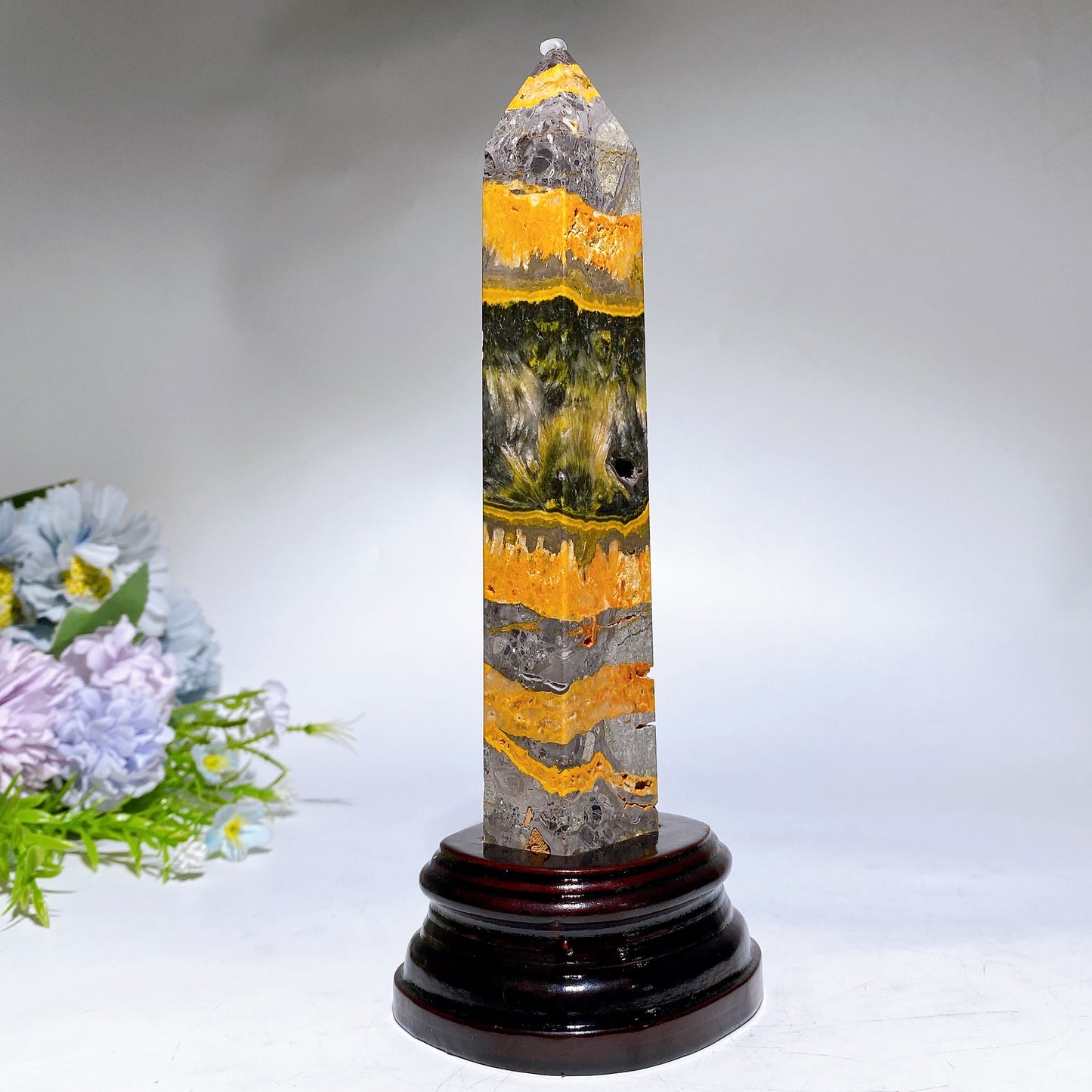 21cm Bumblebee Jasper Tower with Wooden Stand Crystal Healing Bulk Wholesale