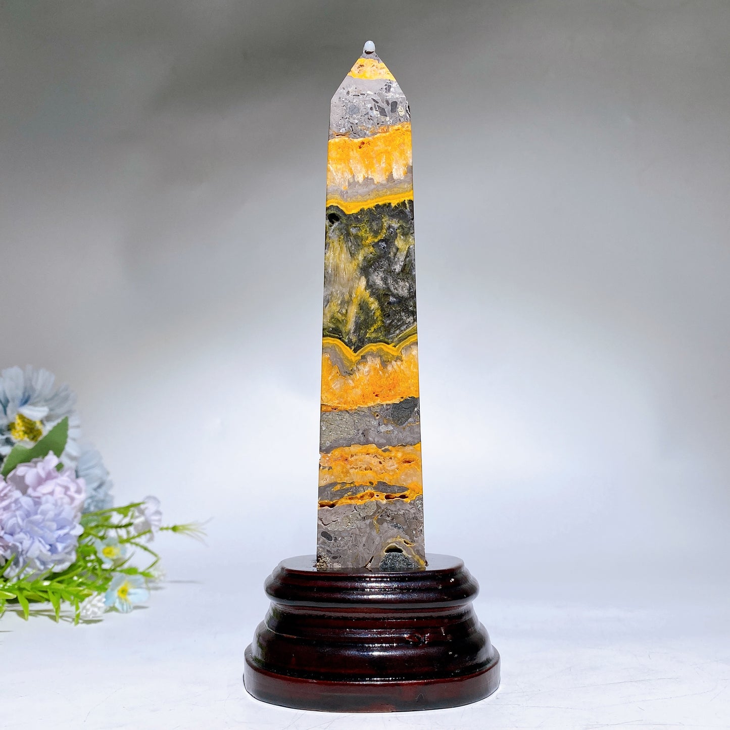 21cm Bumblebee Jasper Tower with Wooden Stand Crystal Healing Bulk Wholesale